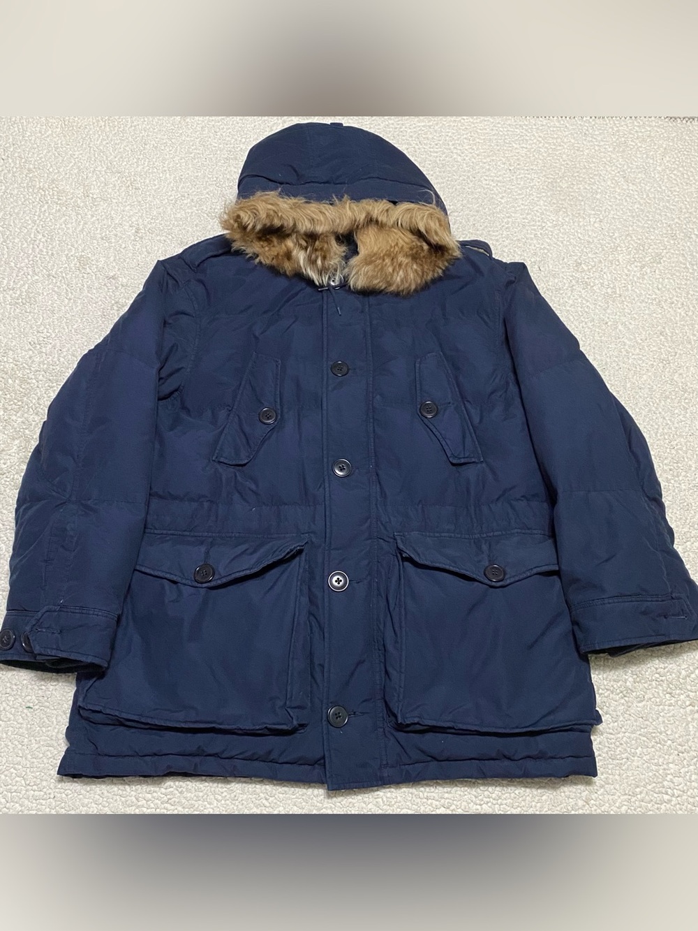 Vintage Polo Ralph Lauren XL Blue Duck Down Lamb Skin Hood Parka Jacket Coat